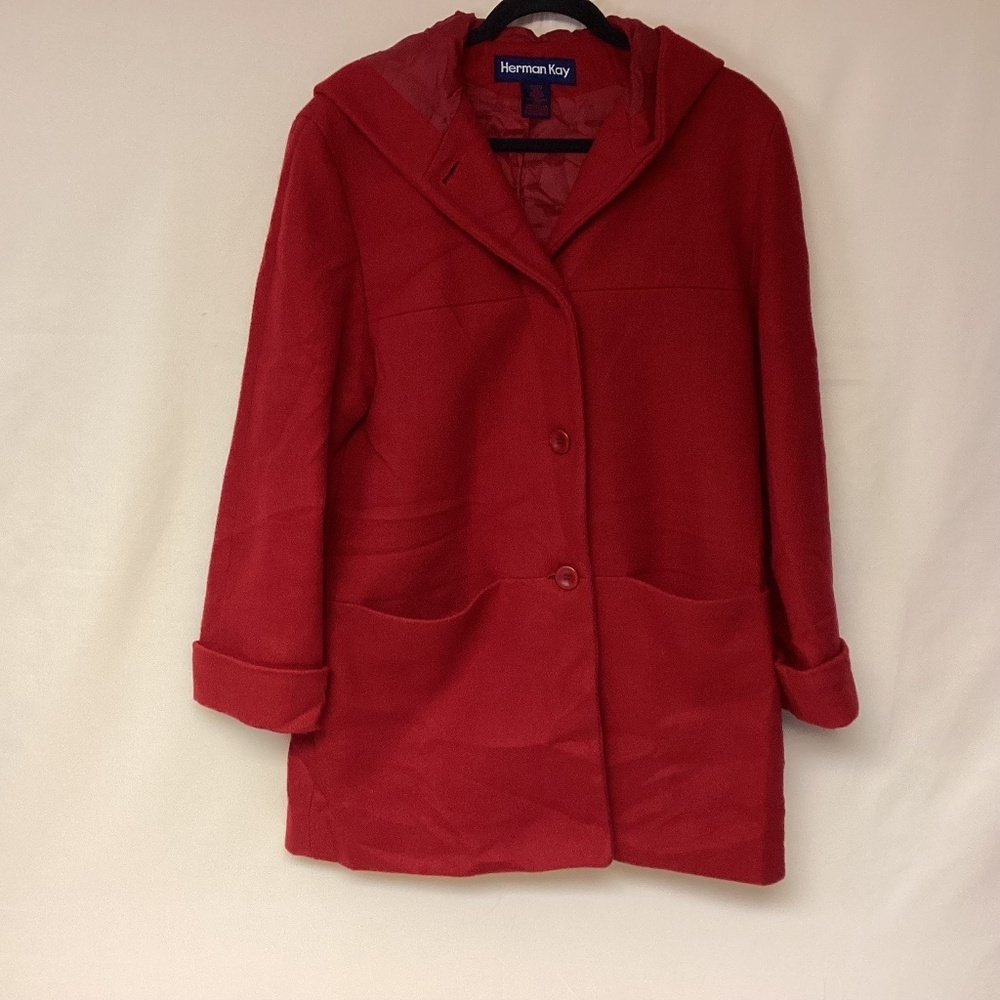 Herman Kay Jacket Hood Wool Winter Classic  Everyday Staple Red Womens SZ M